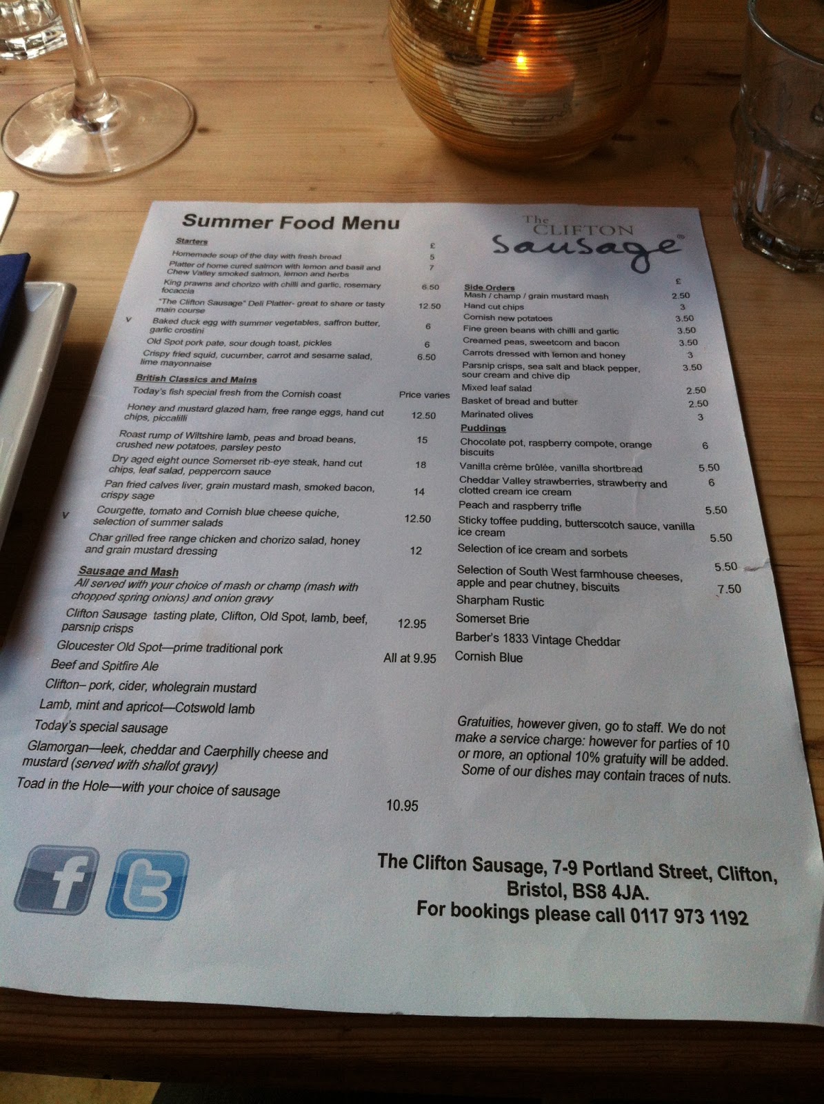 Things that make me go aagghh! Meal at the Clifton Sausage